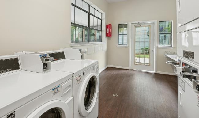 a laundromat with windows